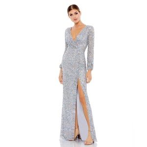 Mac Duggal 5213 Silver Multi-Colored Sequin Long Sleeve Gown Size 8 New